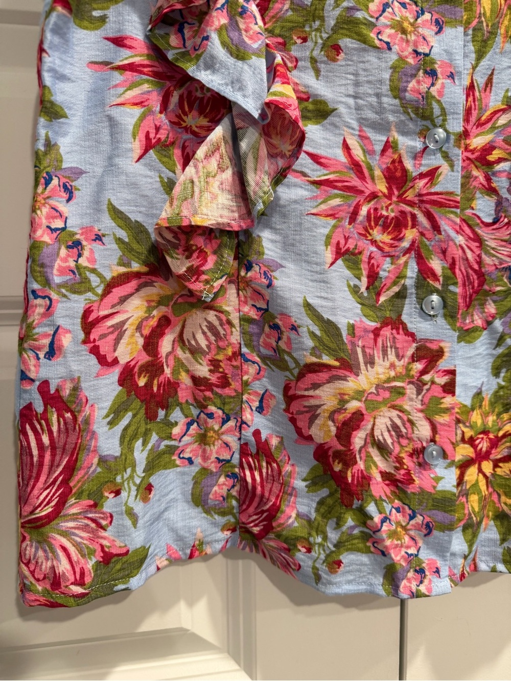 Rachel Floral Ruffle Sleeve Button Front Top - Pink/Green on Light Blue - Picture 2 of 8